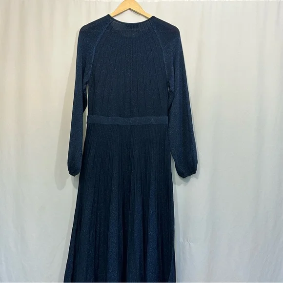 THE FOLD London Lumia Knitted Long Sleeve Pleated Midi Dress in Metallic Blue - Picture 9 of 16